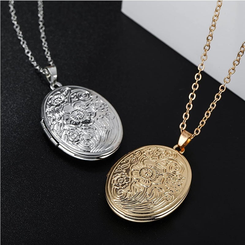 SCRDPRAD Vintage Engraved Flower Empaistic Photo Locket Hold Picture Oval Round Pendant Necklace Antique Carved Pattern Souvenir Memorial Clavicle Sweet Jewelry for Women - Image 3
